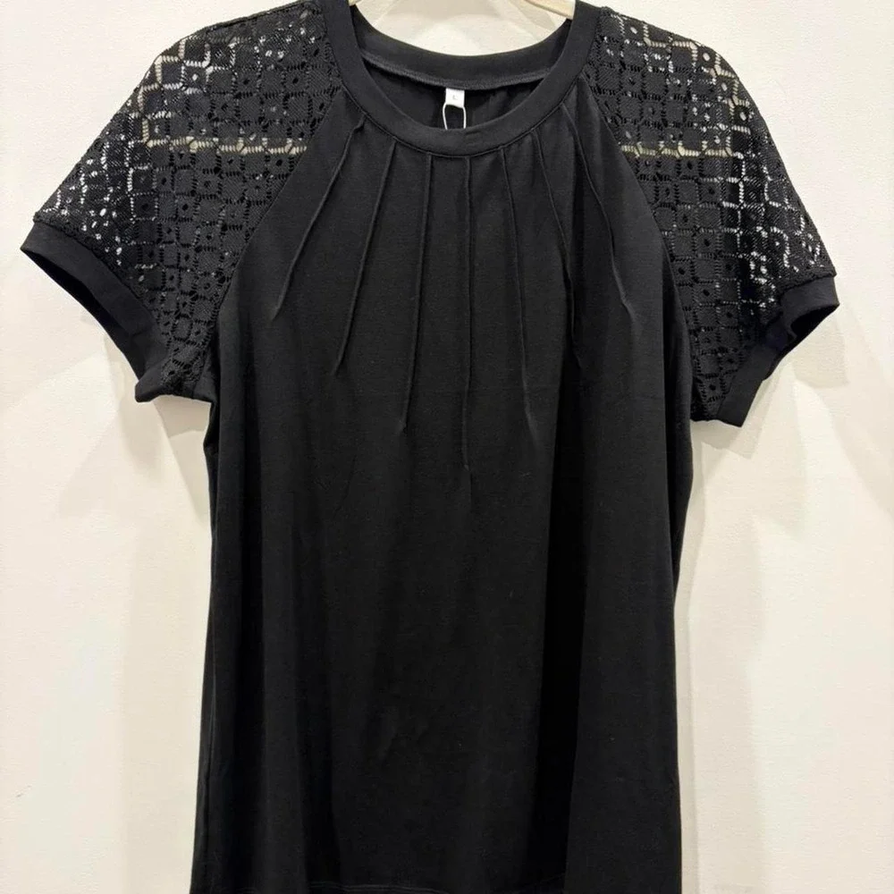 Athmile black lace top babydoll dress wear work wear NWT with pleated front